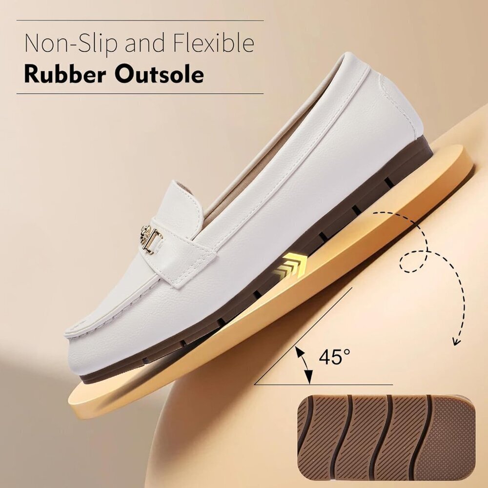 Women’s White Leather Polyurethane Comfortable Casual Slip On Loafer Flat Shoes - Picture 6 of 9